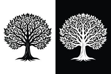 Tree Silhouette Vector Icon Black And White Background.