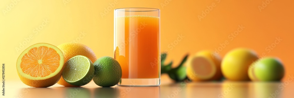 Poster clean and simple 3d rendering of probiotic juice with citrus fruits