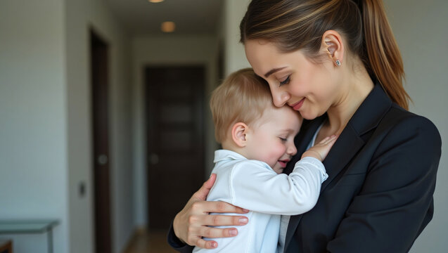 Working Mom Hugging Baby Child, Businesswoman in Suit Returning Home from Work, Balancing Career and Parenthood of Being a Mother