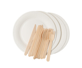Paper Plate, Forks and Knifes Isolated, Eco Tableware Set, Disposable Biodegradable Cutlery for...