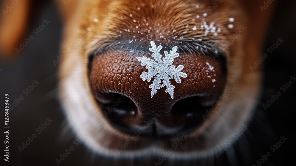 Poster a close-up shot of a dog's nose featuring a unique snowflake, perfect for winter-themed projects or 