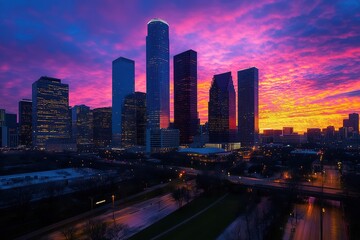 Fototapeta premium Vibrant sunrise cityscape, highway, skyscrapers, dawn, urban