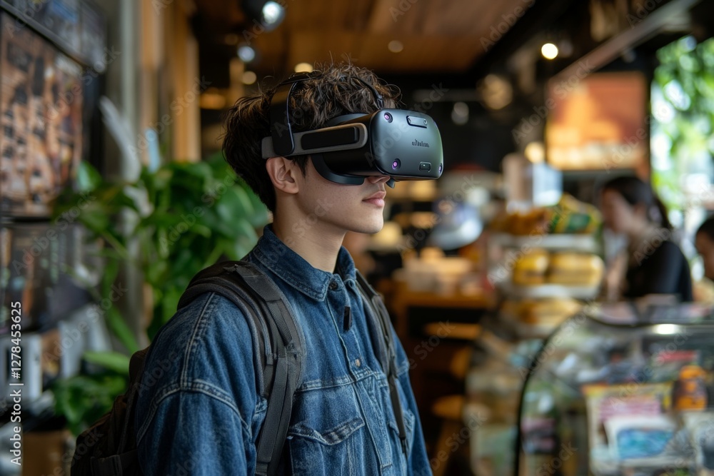 Poster young person explores virtual reality experience in a busy cafe setting during the afternoon hours