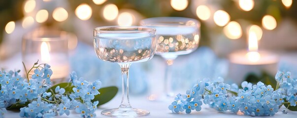 Naklejka premium A calming evening scene with soft candlelight reflecting off wine glasses, surrounded by pale blue forget-me-nots in full bloom.