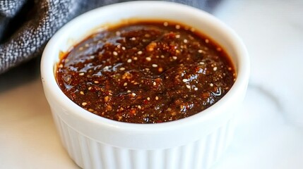 Delicious Spicy Brown Sauce in White Bowl