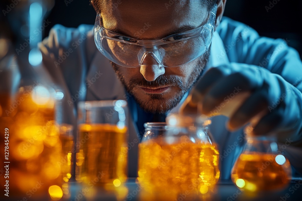 Leinwandbilder scientist conducting experiments with colorful liquids in a laboratory setting during the evening