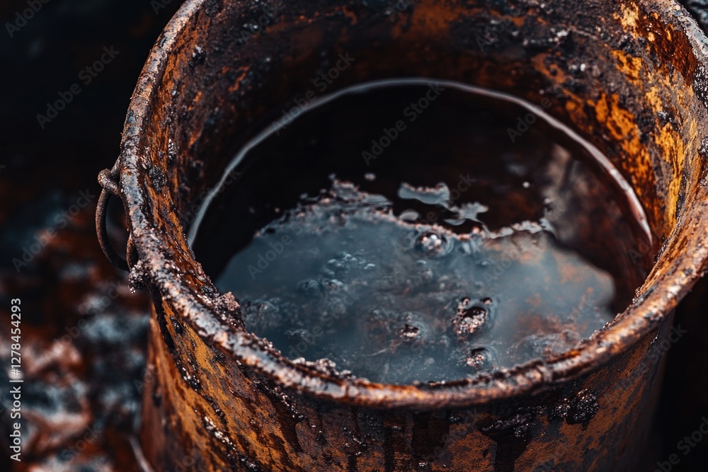 Poster a rusty bucket filled with water sits on a table, ready for use