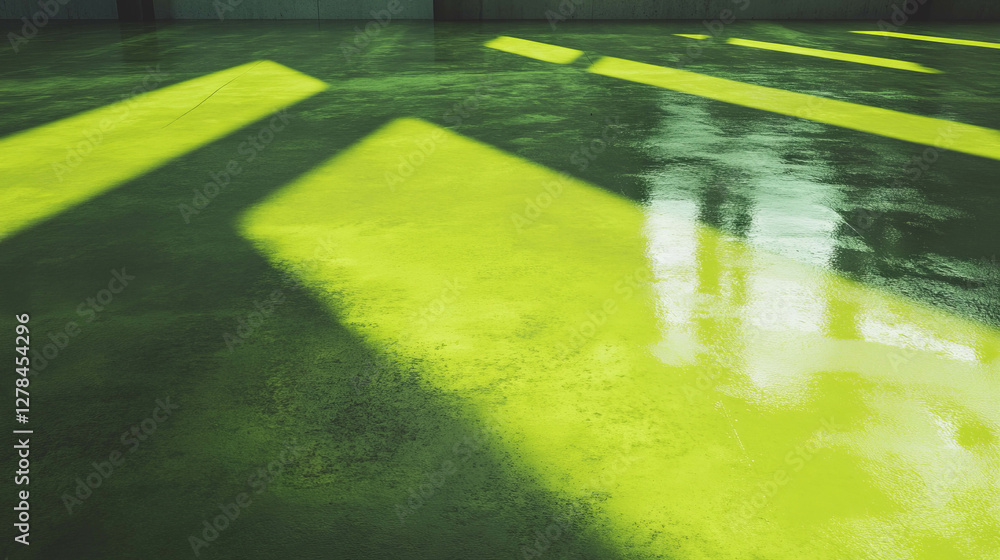 Poster chartreuse moss texture on smooth wet concrete surface for nature-inspired design