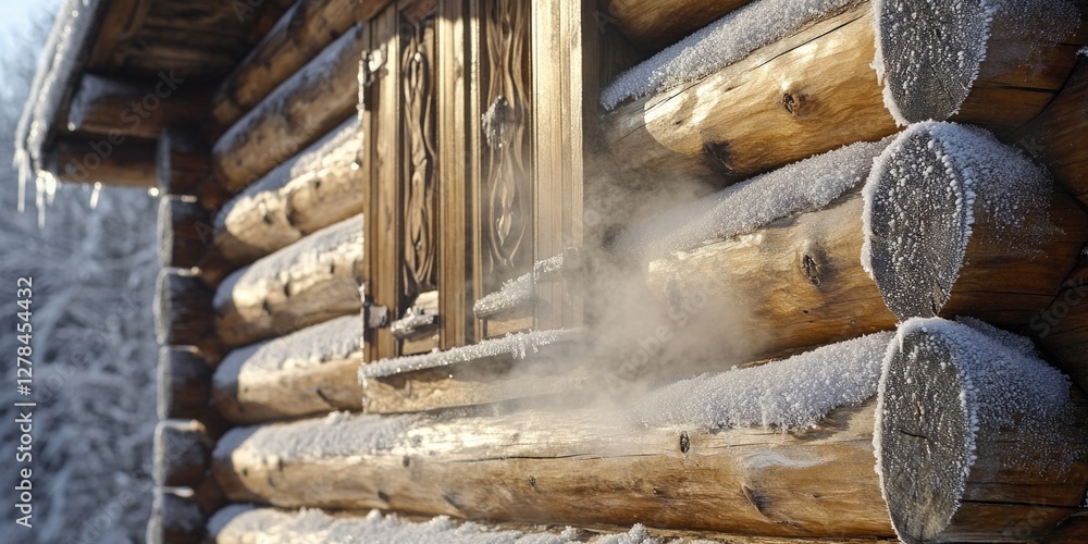Poster A close-up view of a wooden window frame on a log cabin, with natural wood texture and rustic design