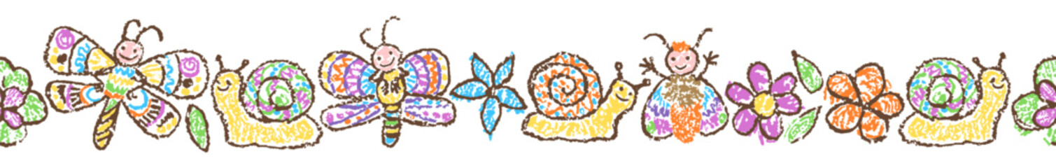 Butterfly floral snail seamless border or frame. Fantastic doodle pattern crazy flying insect and flower. Crayon like kid`s hand drawn colorful funny cartoon background. Pastel chalk or pencil vector
