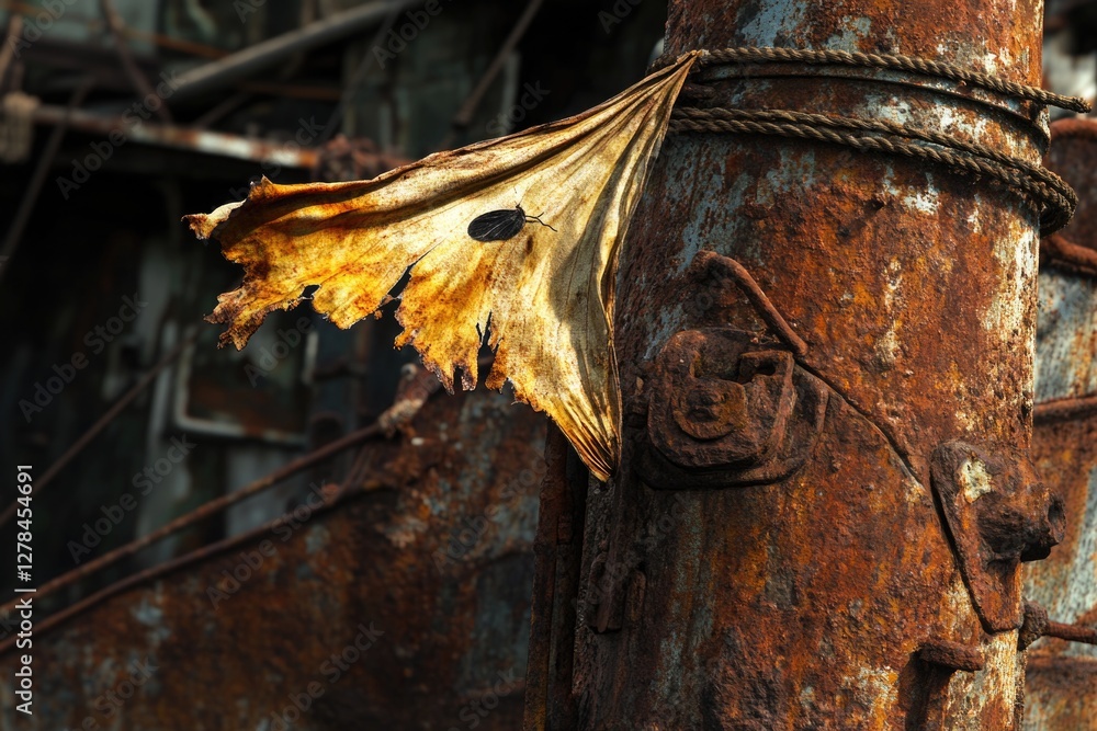 Aufkleber a rusty metal pole adorned with a single leaf, perfect for adding a touch of nature to your design