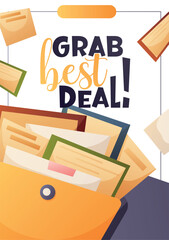 Vector flyer featuring folders, documents, and envelopes, advertising a profitable business deal  