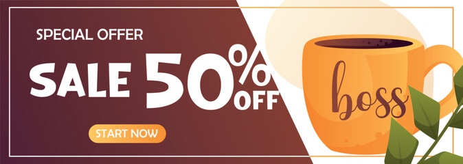 Discount banner with a boss mugVector banner with a 50% discount and a coffee mug with the word Boss. Dark background, warm tones, start now button.  