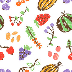 Hand drawn fruit vegetables seamless pattern. Harvest healthy food background. Crayon like kid`s hand drawn colorful bright funny cartoon doodle. Vector pastel chalk or pencil childlike berries, melon