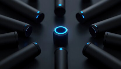 Central black cylinder with glowing blue ring surrounded by similar cylinders on dark background.