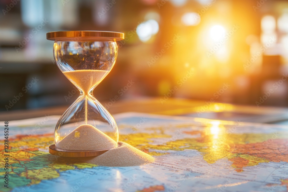 Poster an hourglass resting on the surface of a world map, symbolizing time and global perspective