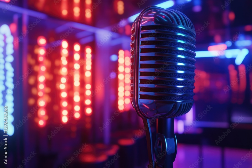 Poster close-up of a microphone on a stand, useful for music and sound-related projects