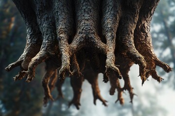 A close-up view of tangled tree roots