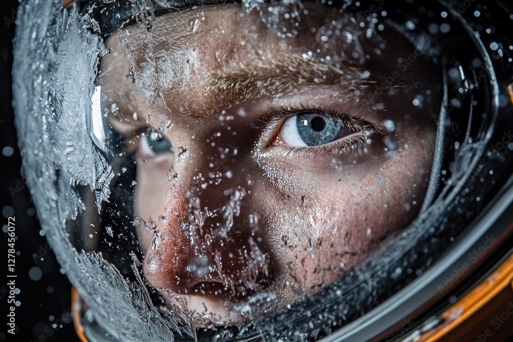 Poster a close-up view of a person wearing a space suit, suitable for science and technology-related projec