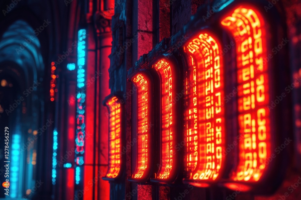 Aufkleber A row of colorful neon signs adorns the side of a building, creating a vibrant and attention-grabbing display