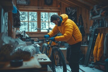 Mountain biker repairing bike inside cabin during snowy winter afternoon