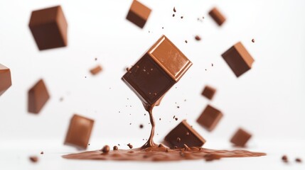 Melted chocolate cubes falling, white background