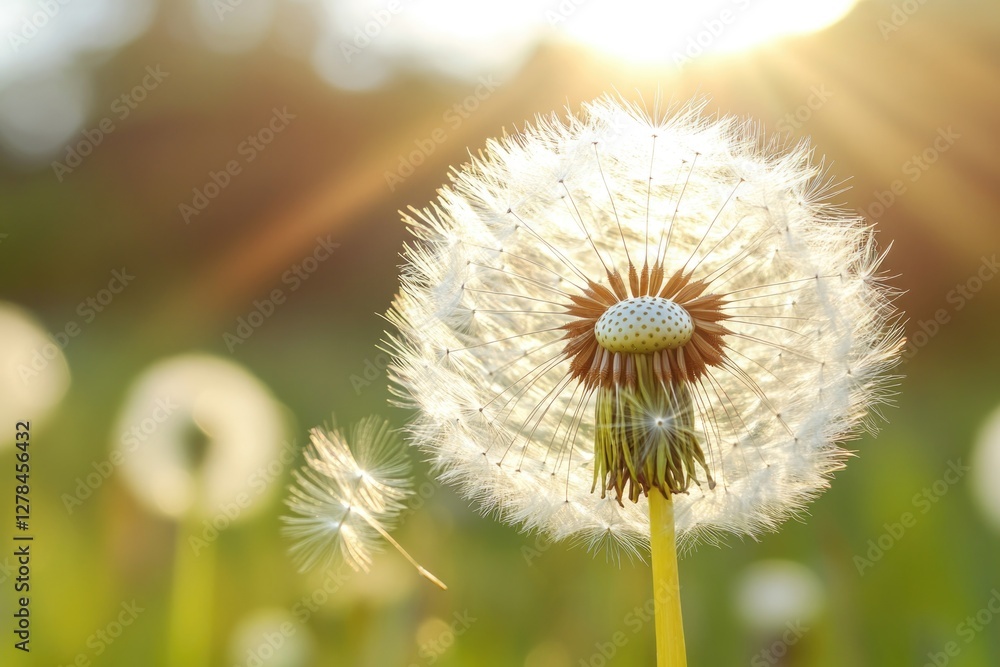 Poster a close-up shot of a dandelion with the sun shining brightly in the background