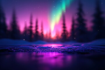 Frozen lake, aurora borealis, winter forest, night scene, magical background