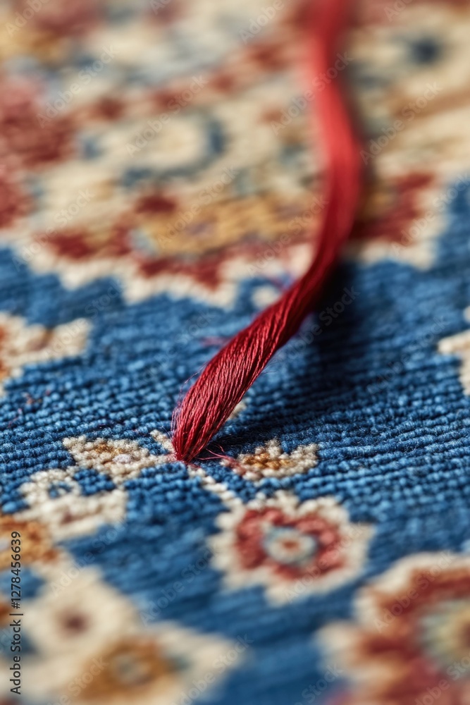 Poster a close-up shot of a bright red thread lying on a soft blue carpet
