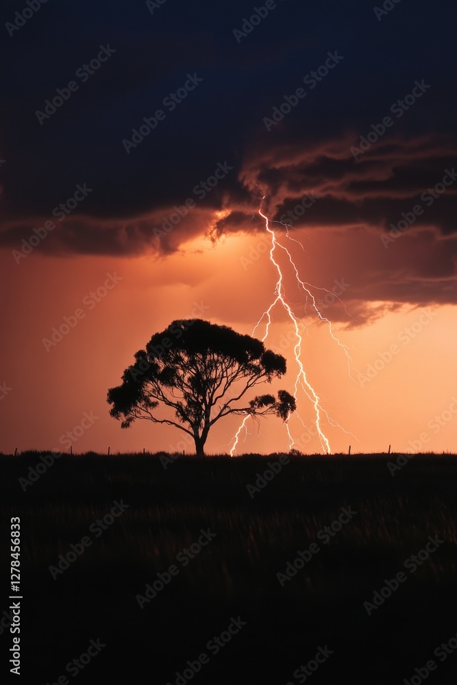 Aufkleber a tree stands tall in a field, illuminated by a bright lightning bolt in the background