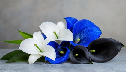 A dramatic composition with rare blue orchids, white lilies, and black calla lilies, creating a mysterious and luxurious aesthetic.