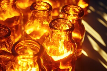 A collection of glass bottles arranged on a table surface