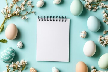 Easter notepad mockup with pastel eggs and blossoms for spring design inspiration