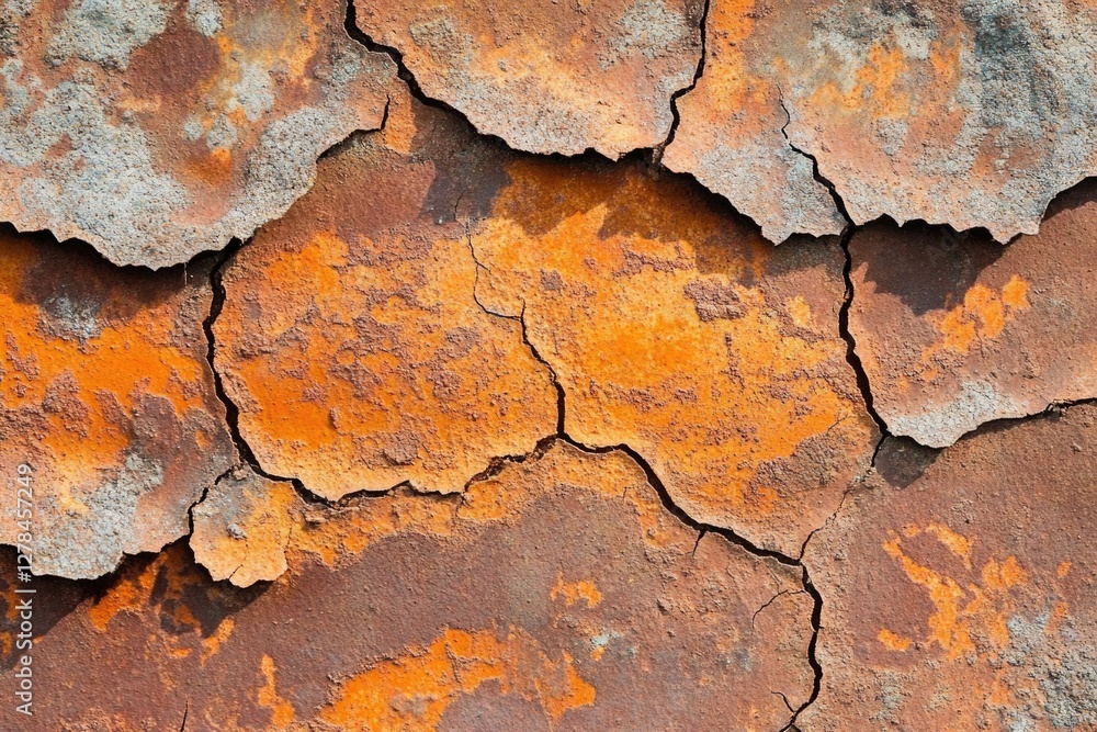 Poster close-up view of a rusty surface with orange paint applied