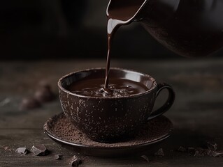 richly textured liquid being poured into a dark chocolate cup. The liquid is thick and appears to be a melted chocolate or hot chocolate rather than Irish cream liqueur. Surrounding the cup, there are