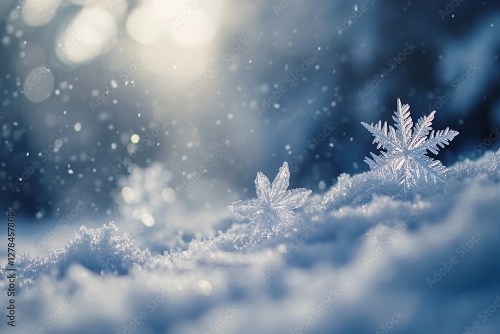 Poster a detailed view of a single snowflake on a snowy surface