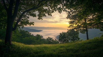 Misty Sunrise Over Mountain Valley: A Serene Landscape