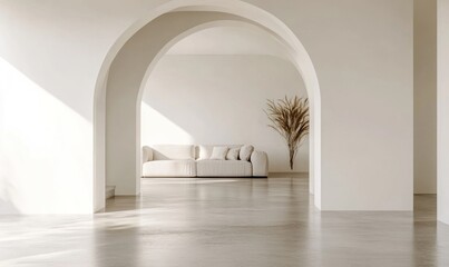 Minimalist living room with arched doorways and beige sofa.