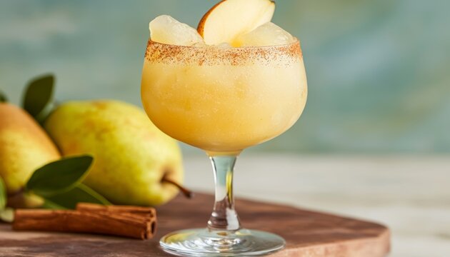 A ginger and pear mocktail, with a hint of cinnamon, served over ice in a vintage coupe glass for a warm, spicy flavor. - Powered by Adobe