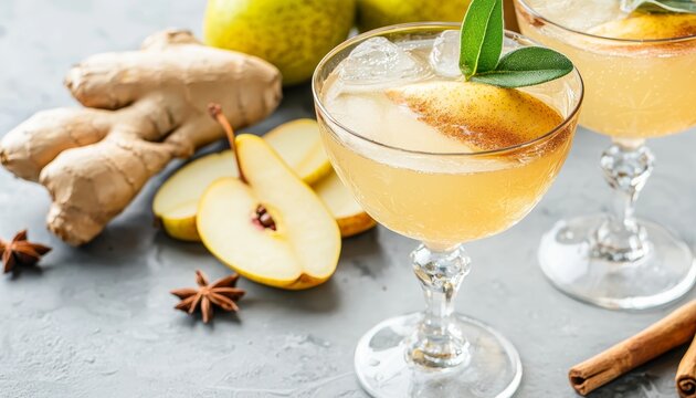 A ginger and pear mocktail, with a hint of cinnamon, served over ice in a vintage coupe glass for a warm, spicy flavor. - Powered by Adobe
