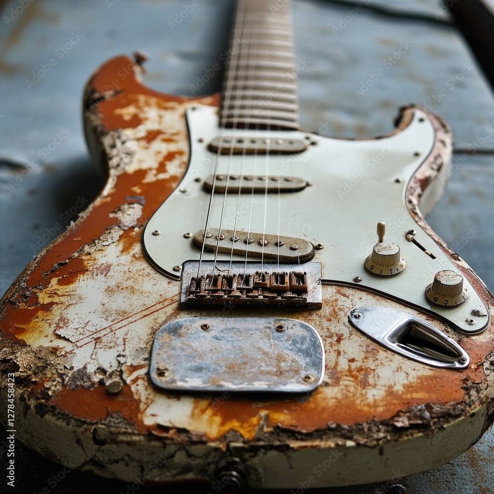 Poster an old guitar placed on a table with a rustic background, great for music-related themes or nostalgi