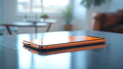 Orange phone rests on table, home interior