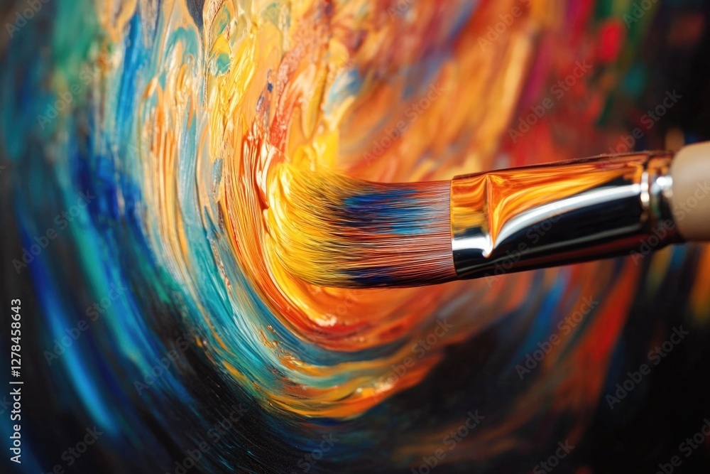 Poster a detailed shot of a paintbrush with vibrant colors swirling around the bristles, ideal for use in a