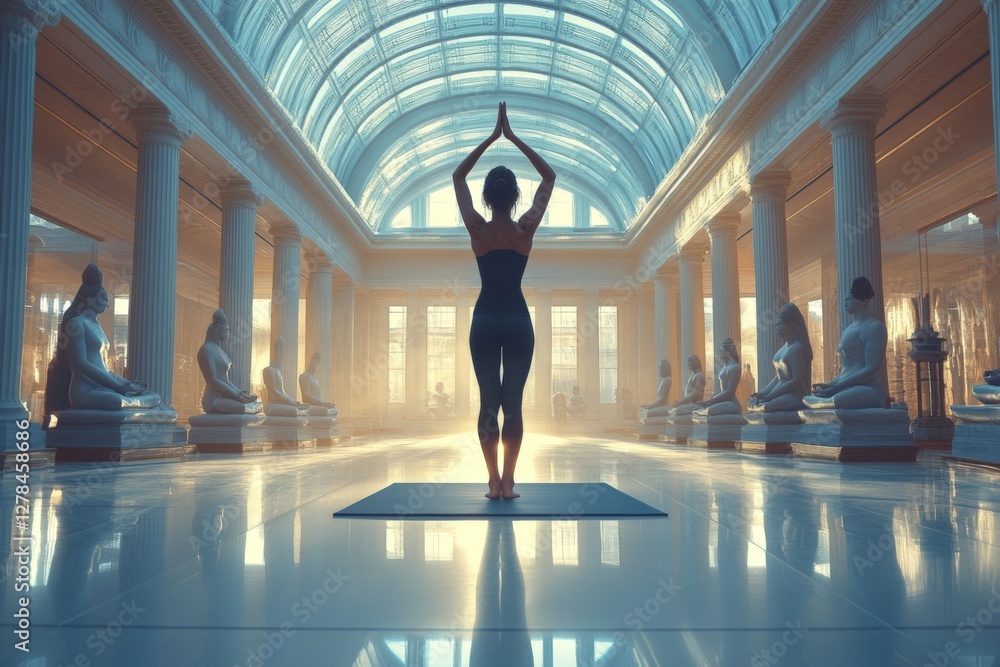 Poster yoga practice in a serene temple space with statues and soft lighting during early morning hours