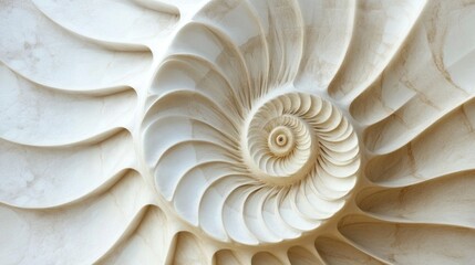 Obraz premium Close-up of a nautilus shell's spiral structure, showcasing its intricate chambers and creamy white color.
