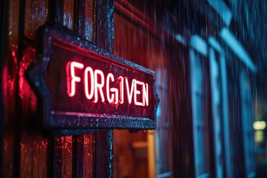A red sign with the word 'forgiven' hung on a wall, a symbol of redemption and second chances