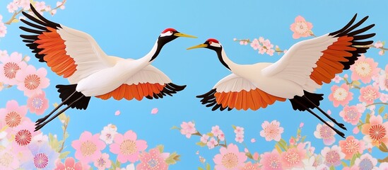 Obraz premium A pair of cranes soaring gracefully filled, framed by soft cherry blossoms and traditional Japanese patterns.