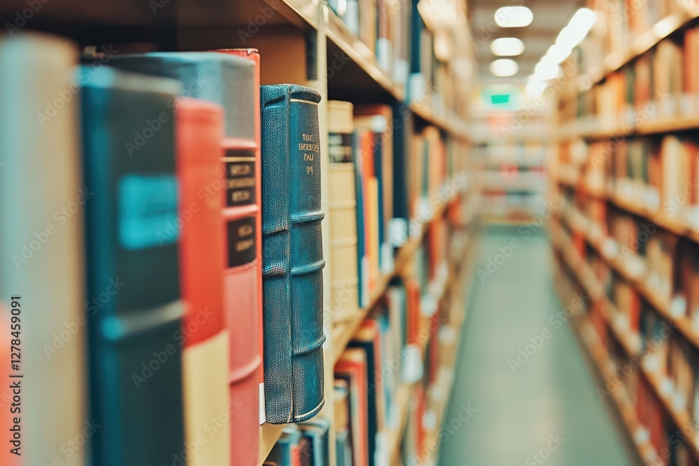 Poster row of books on a wooden shelf in a quiet library setting, perfect for use in educational or literar