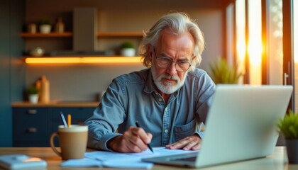 Mature man with laptop, working from home, using a pen to fill out paperwork at his desk near a window. Telecommuting lifestyle.