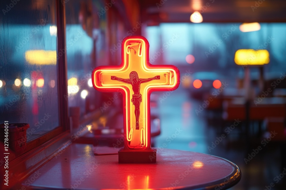 Poster a neon cross placed on a table in a modern restaurant setting
